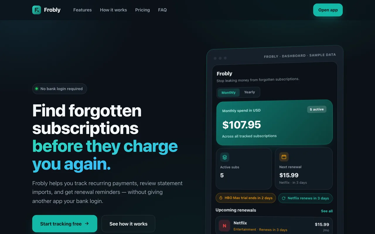 The Frobly website (frobly.com), showing subscription tracking with a sample dashboard of upcoming renewals and monthly spend.